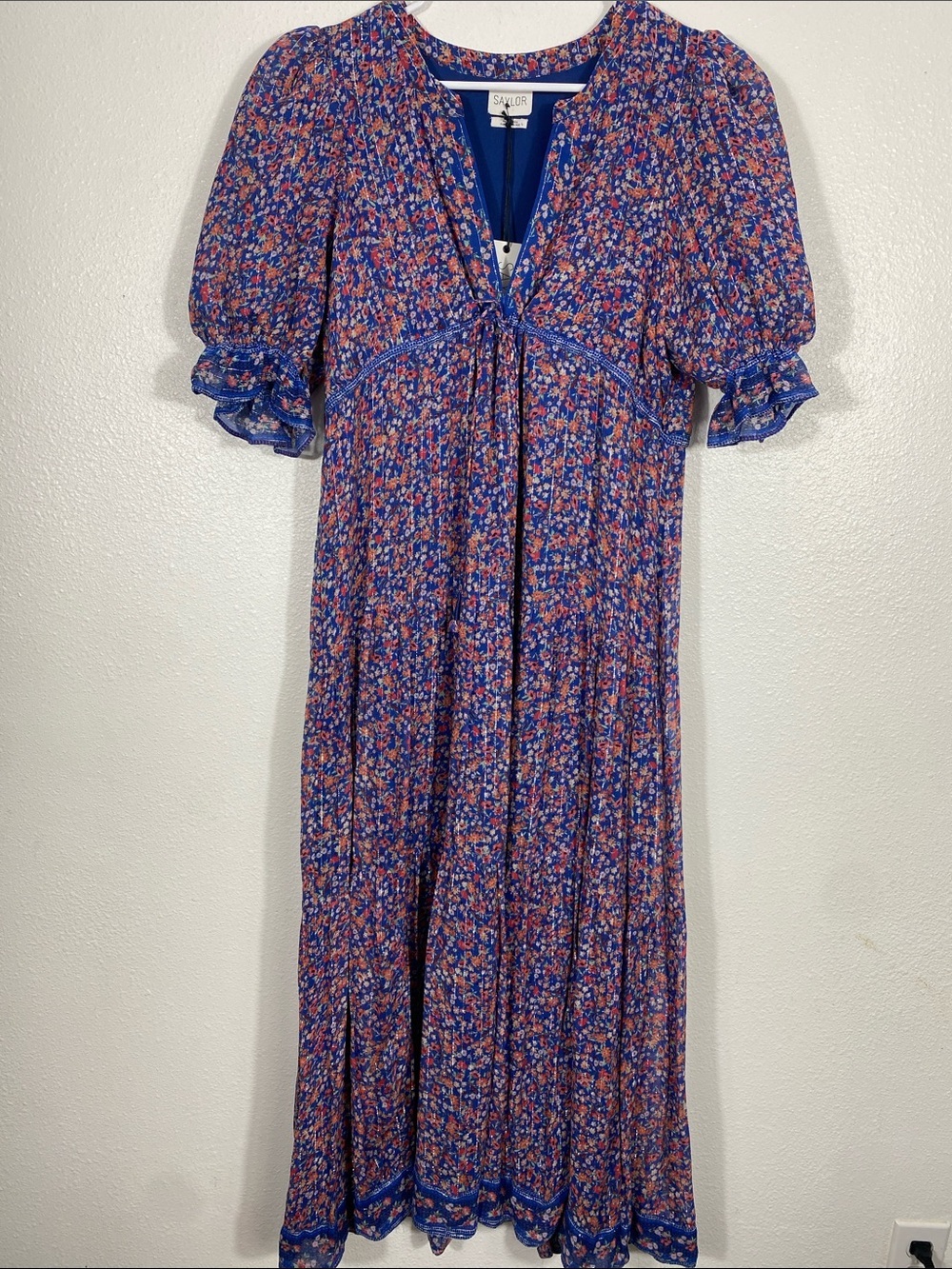 SAYLOR Blue Multi Floral Puff-Sleeve Maxi Dress Size L 90% Viscose - Picture 3 of 16